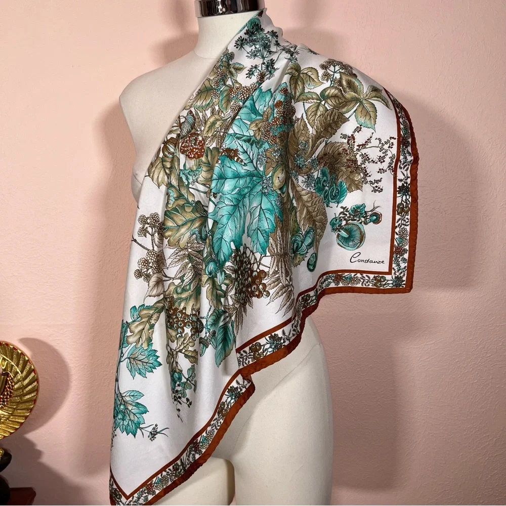 Vintage MCM Constanze  Fairycore Floral Mushroom Rust Aqua Jacquard silk Scarf